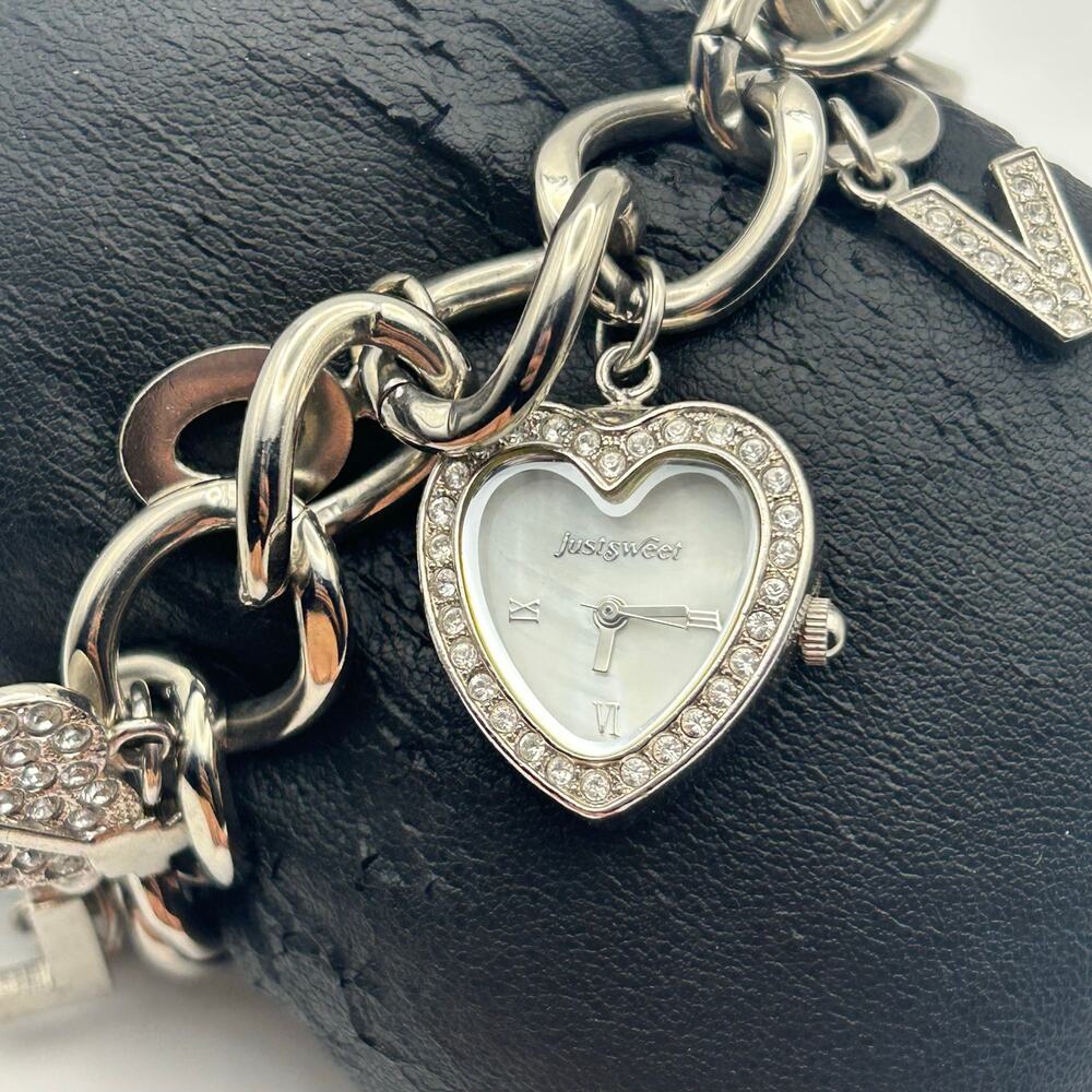 Just Sweet Mother Pearl Heart Dial Crystal Accents Bracelet Watch New Battery